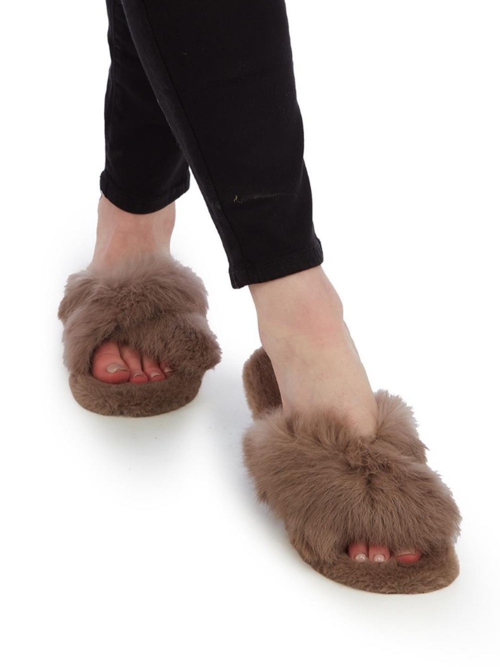 Fluffy Plush Vegan Fur Cross Band Slipper
